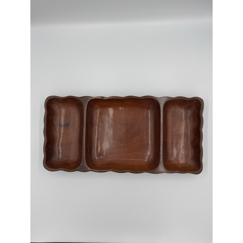 Mid-Century Modern Carved Hardwood 3 Section Rectangular Trinket Tray 14-3/4"
